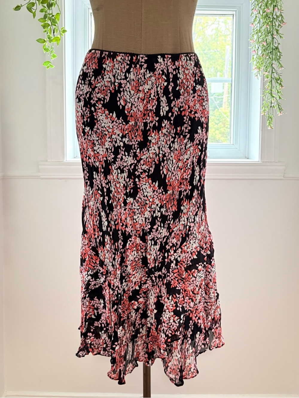 Style & Co. Black Midi Skirt with Pink Floral Print